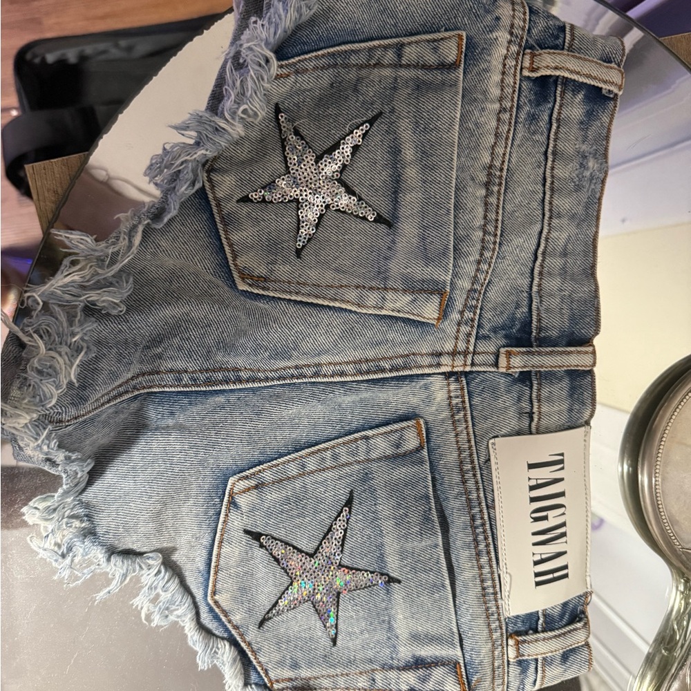 Blue Jean Shorts with Distressed Raw Hem